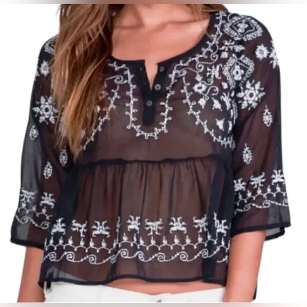 Free People Black Sheer Chiffon Blouse with White Embroidery